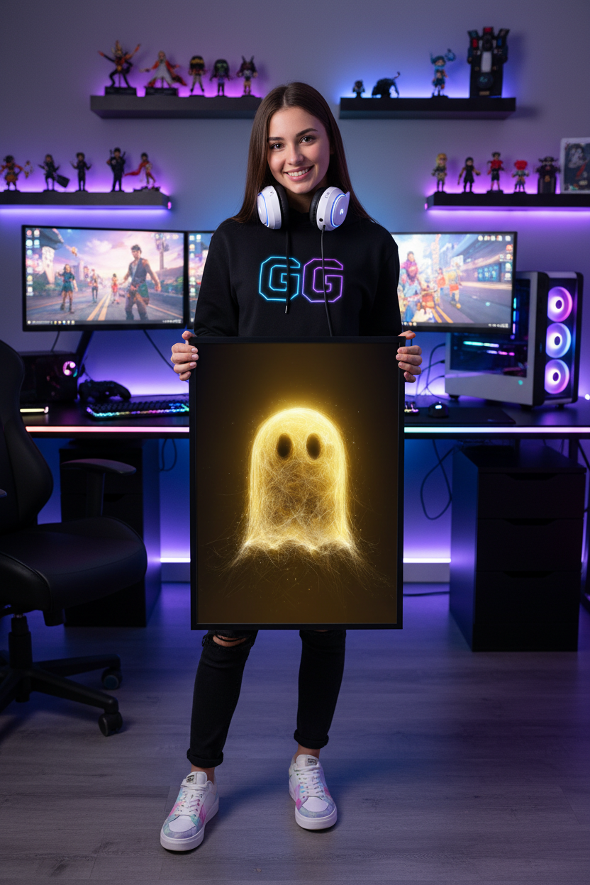 Pige gamer holder gaming plakat højkant