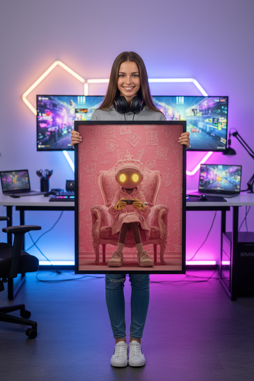 Pige gamer holder gaming plakat højkant