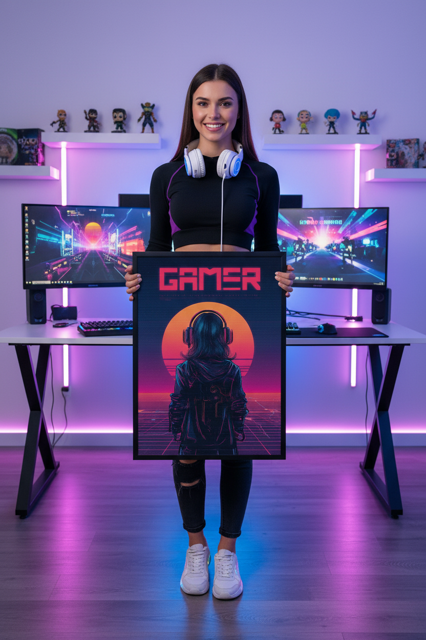 Pige gamer holder gaming plakat højkant