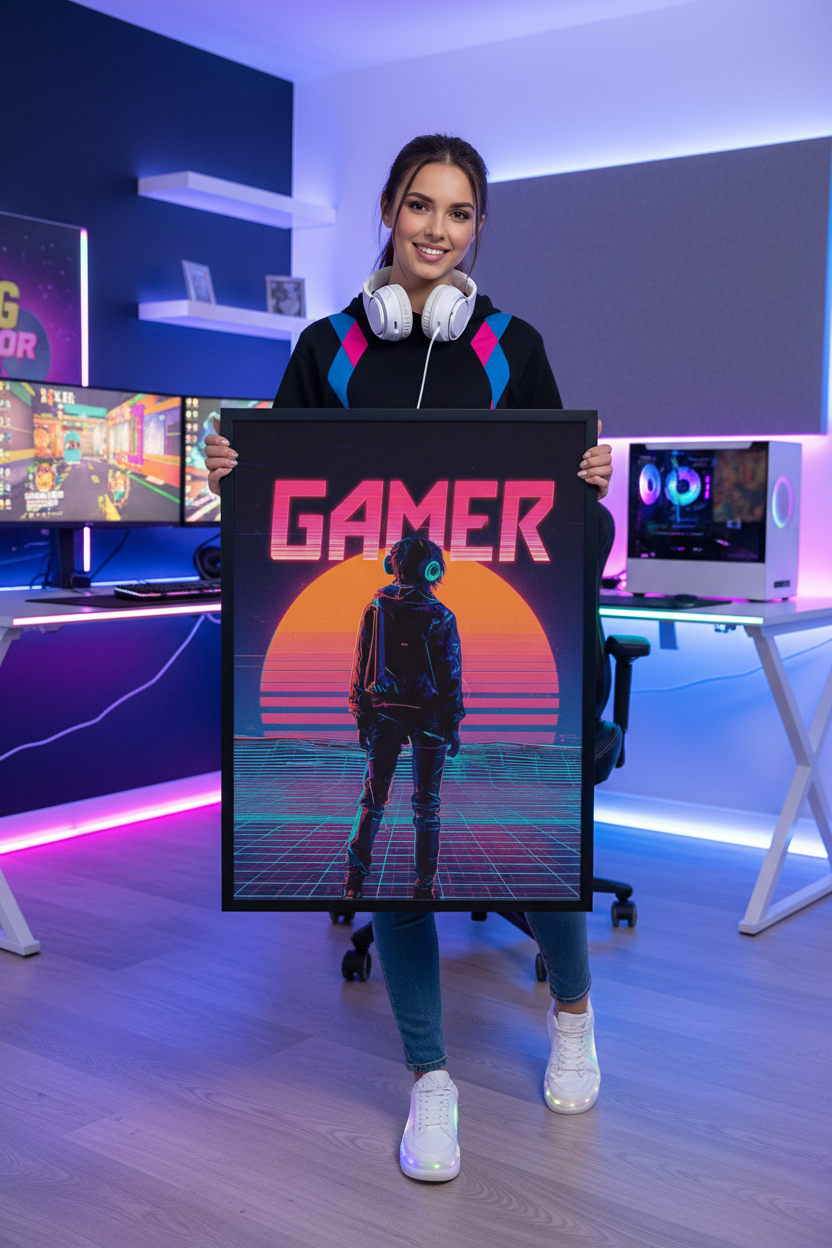 Pige gamer holder gaming plakat højkant