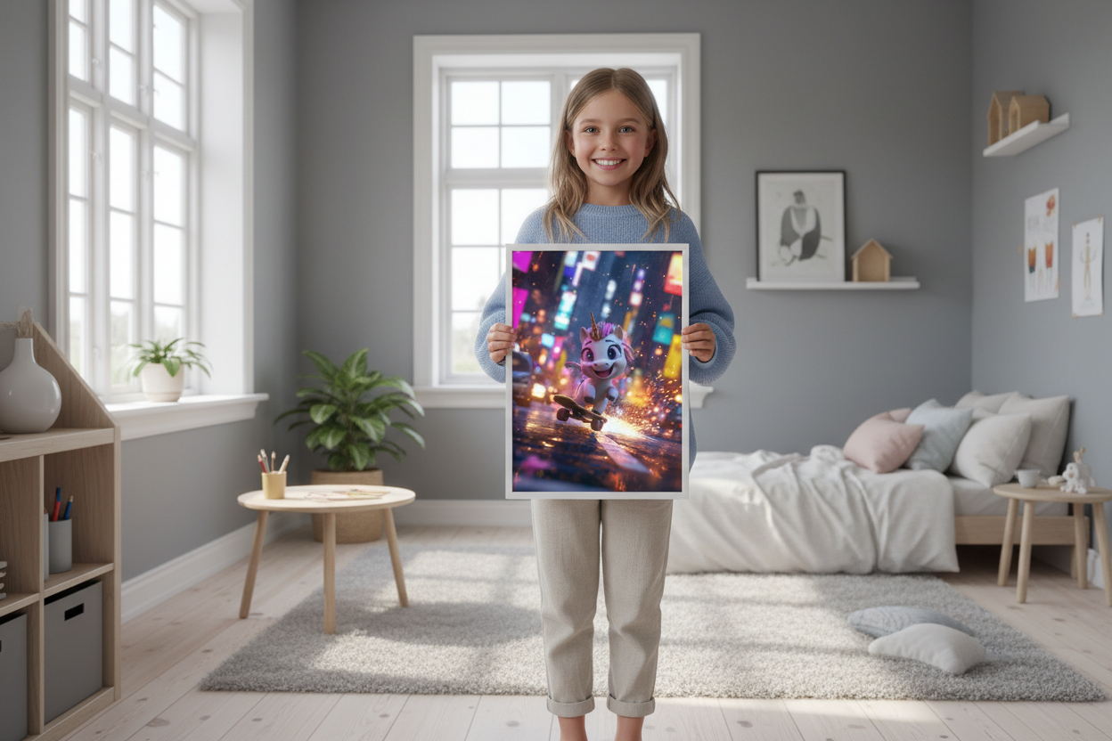 Pige holder enhjørning plakat