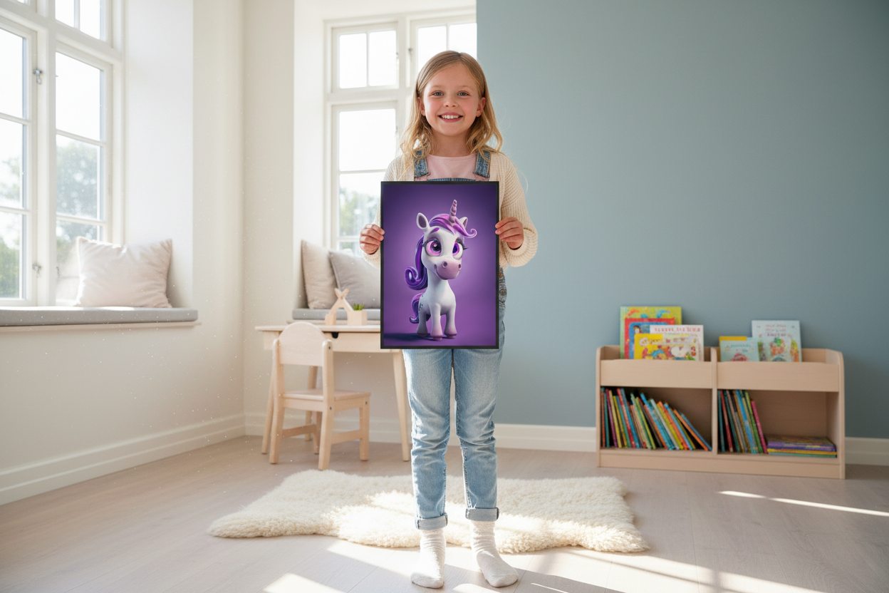 Pige holder enhjørning plakat