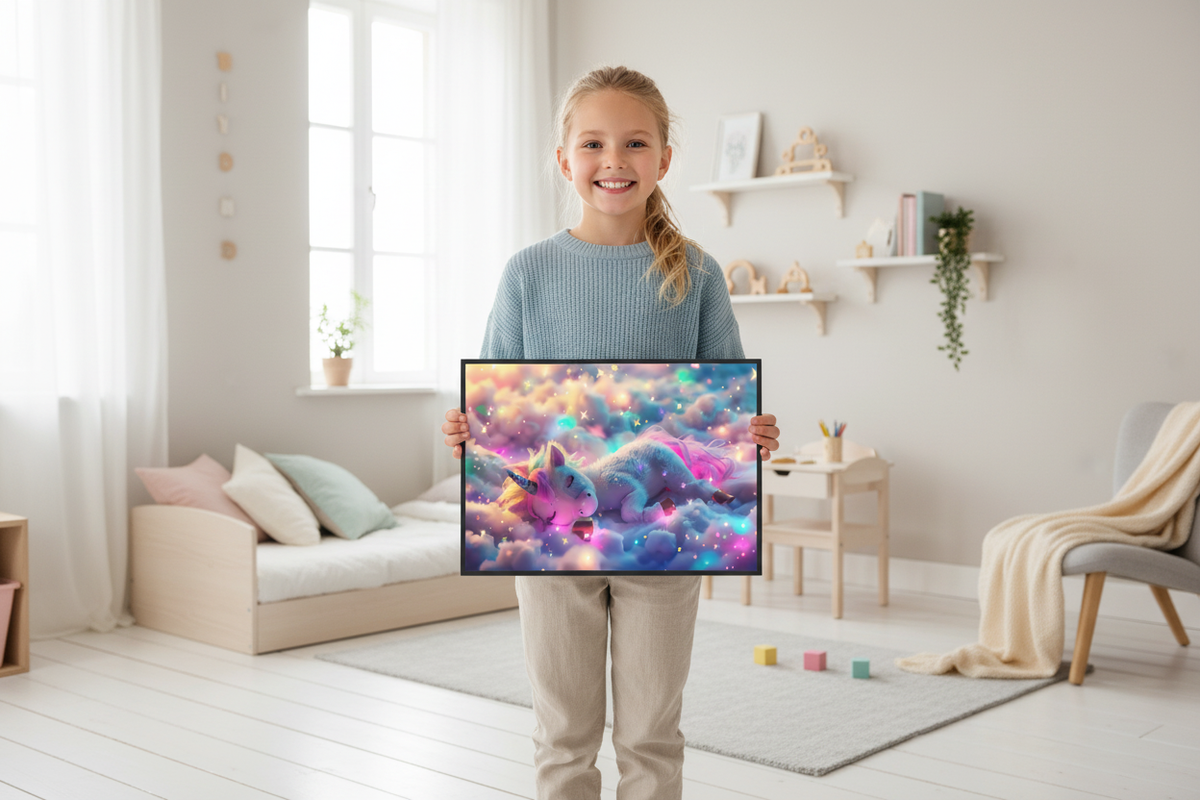 Pige holder enhjørning plakat