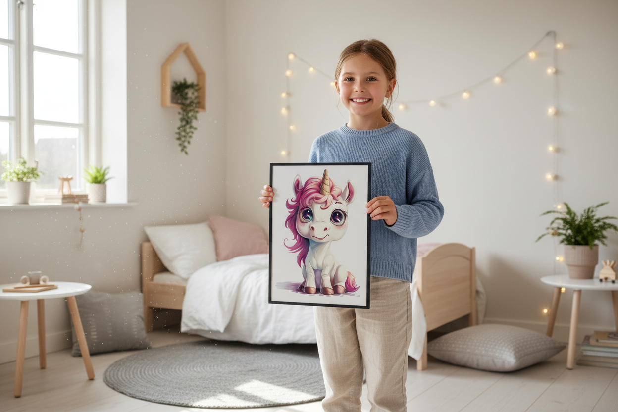 Pige holder enhjørning plakat