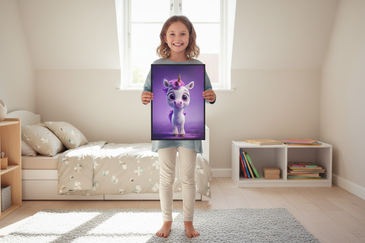 Pige holder enhjørning plakat