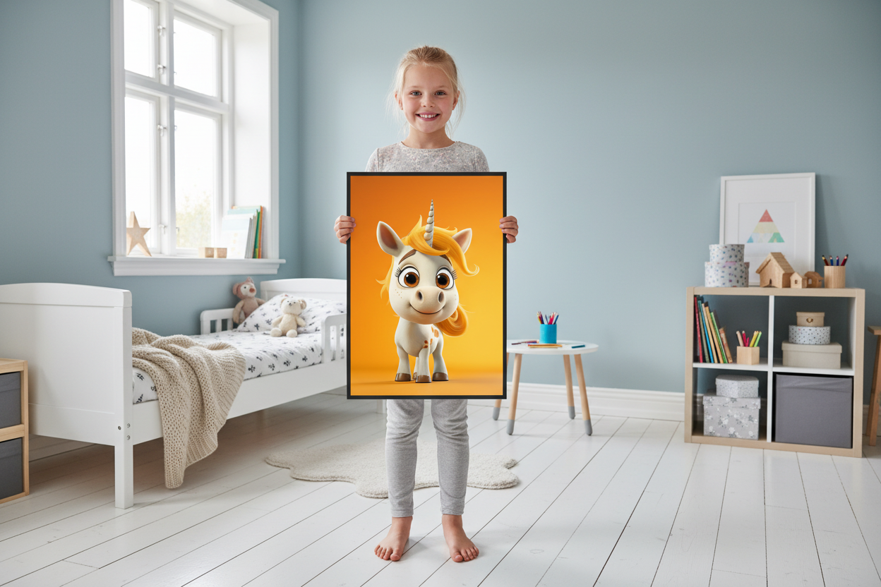 Pige holder enhjørning plakat