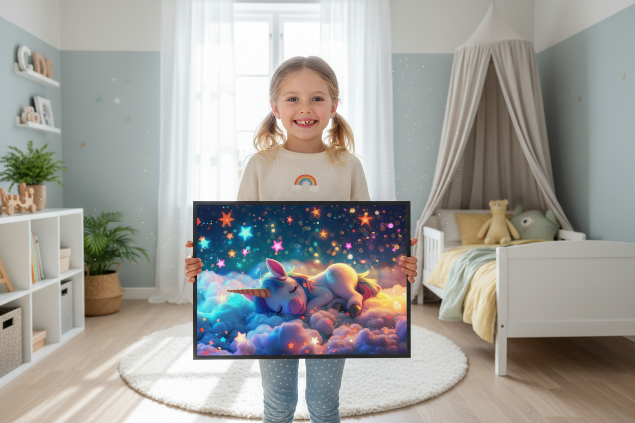 Pige holder enhjørning plakat