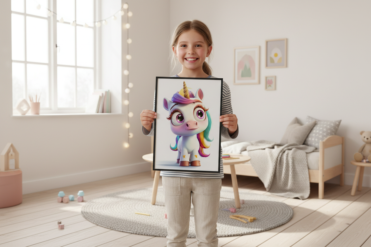 Pige holder enhjørning plakat