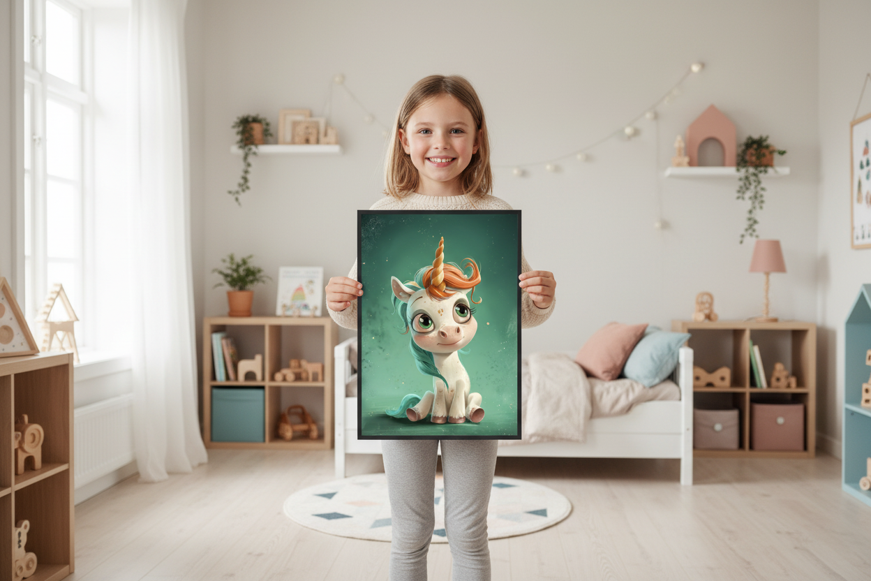 Pige holder enhjørning plakat