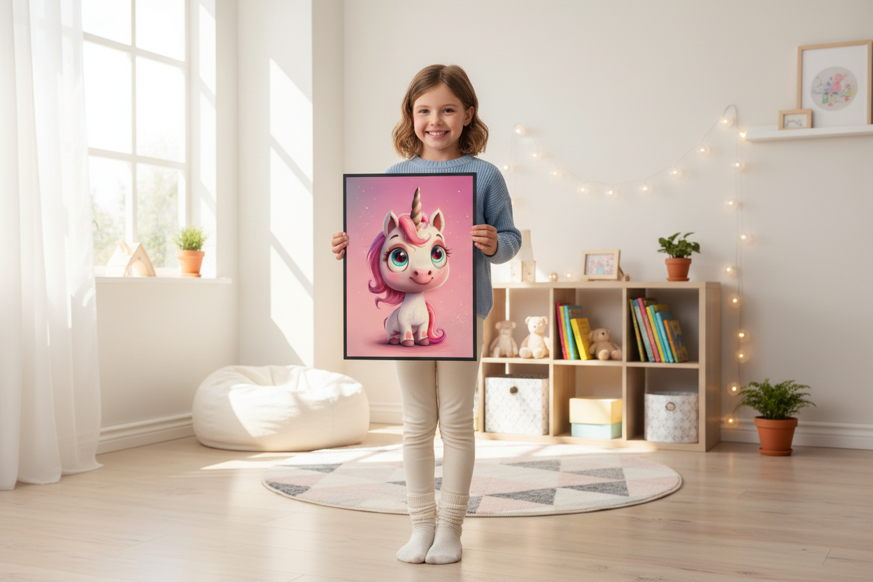 Pige holder enhjørning plakat