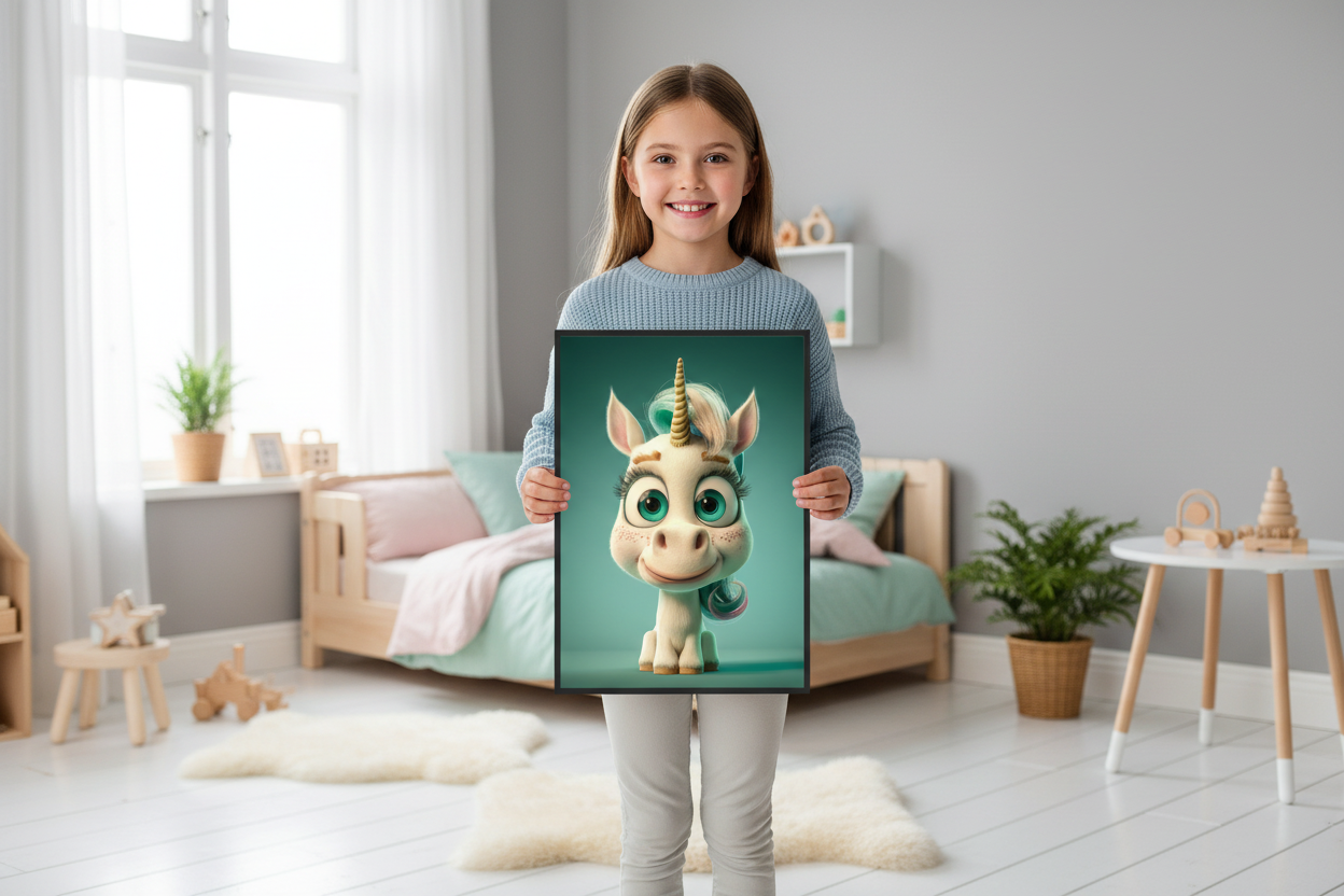 Pige holder enhjørning plakat