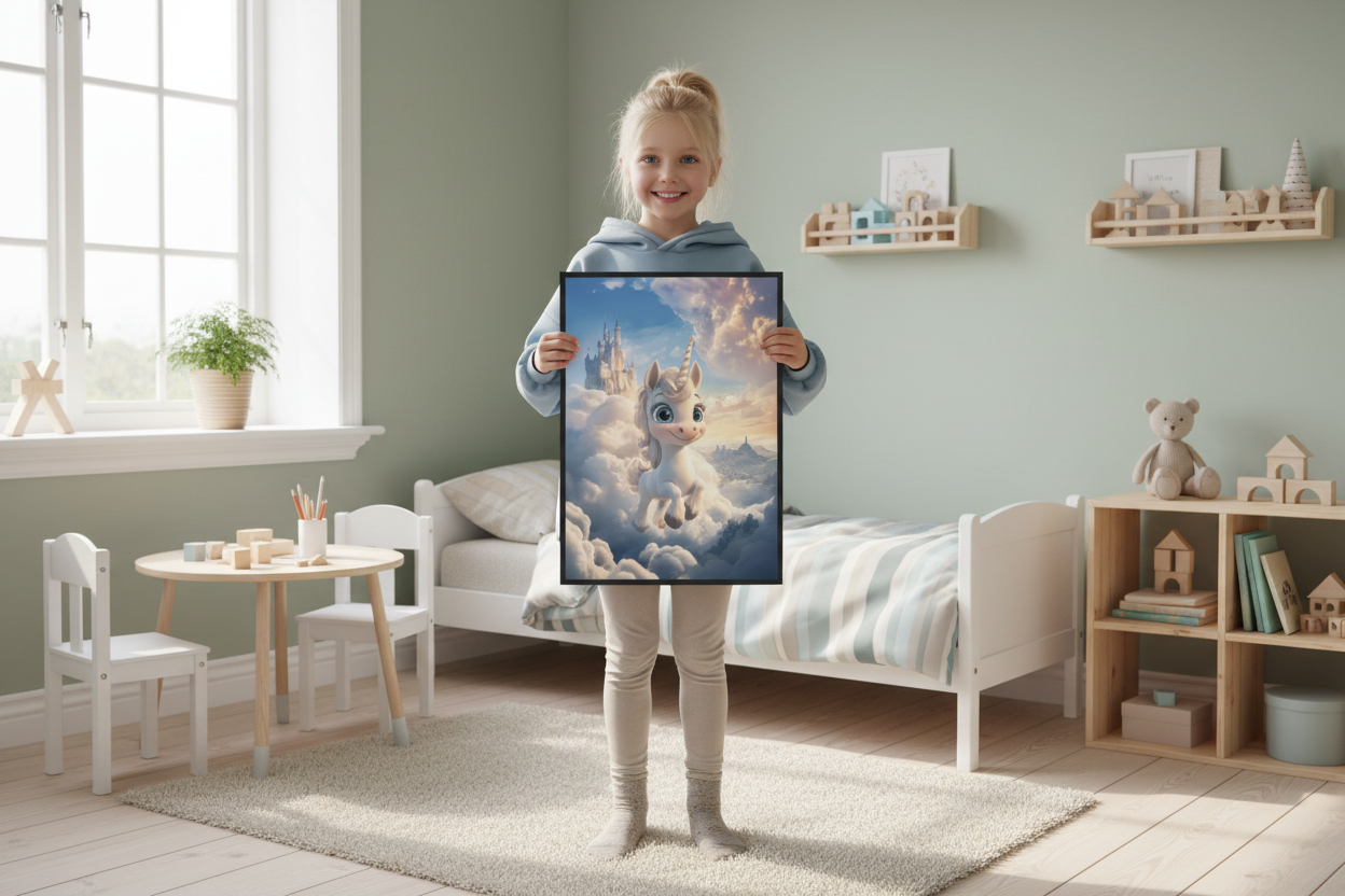 Pige holder enhjørning plakat