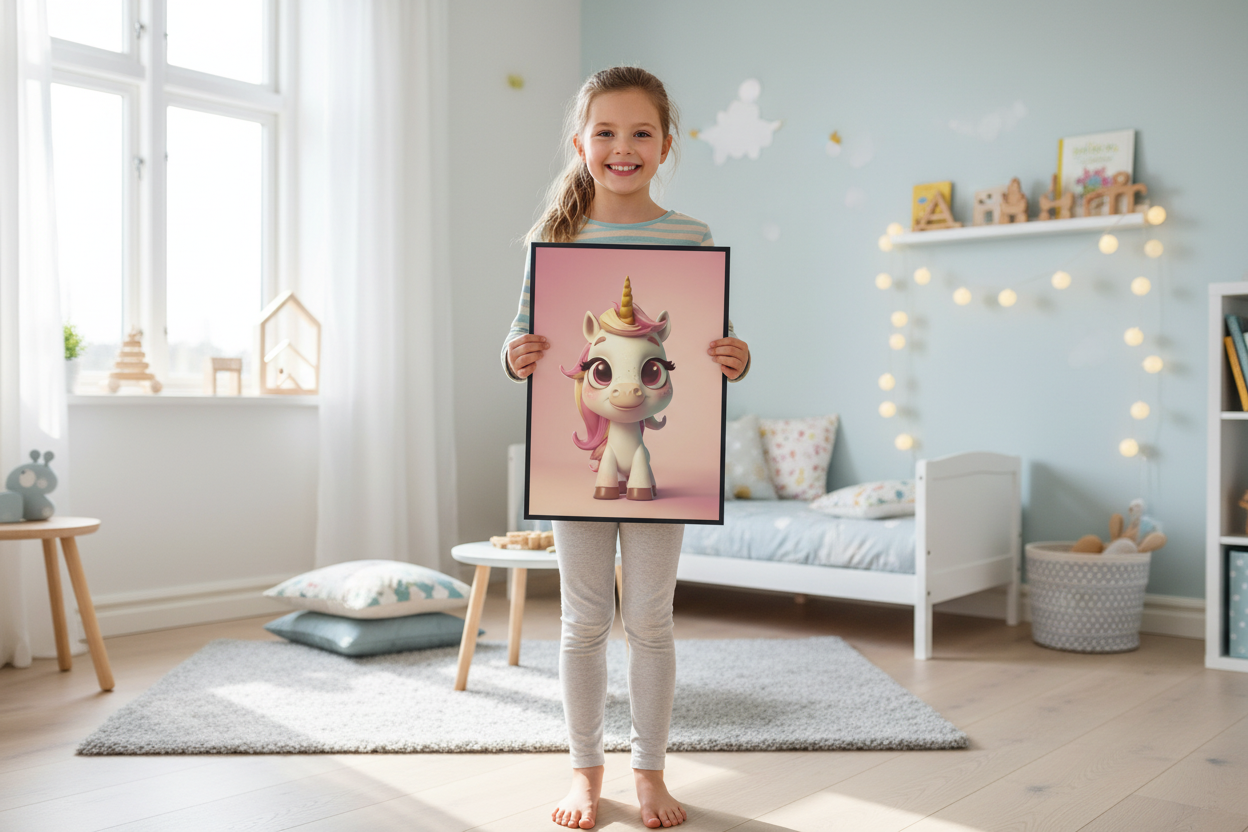 Pige holder enhjørning plakat