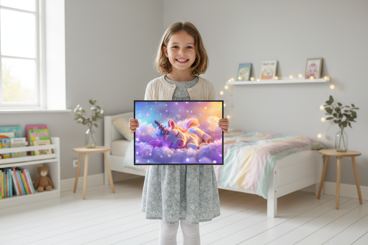 Pige holder enhjørning plakat