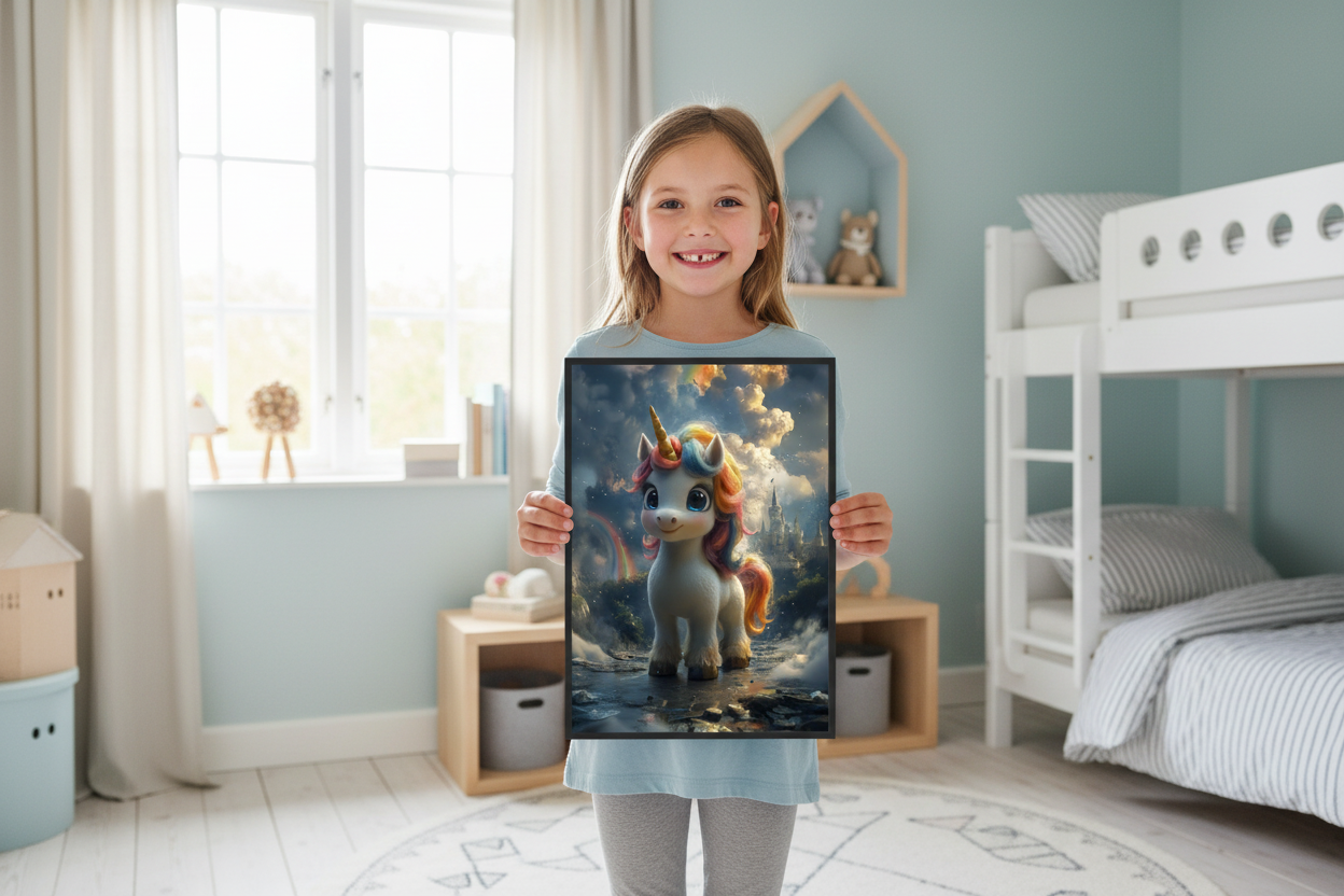 Pige holder enhjørning plakat