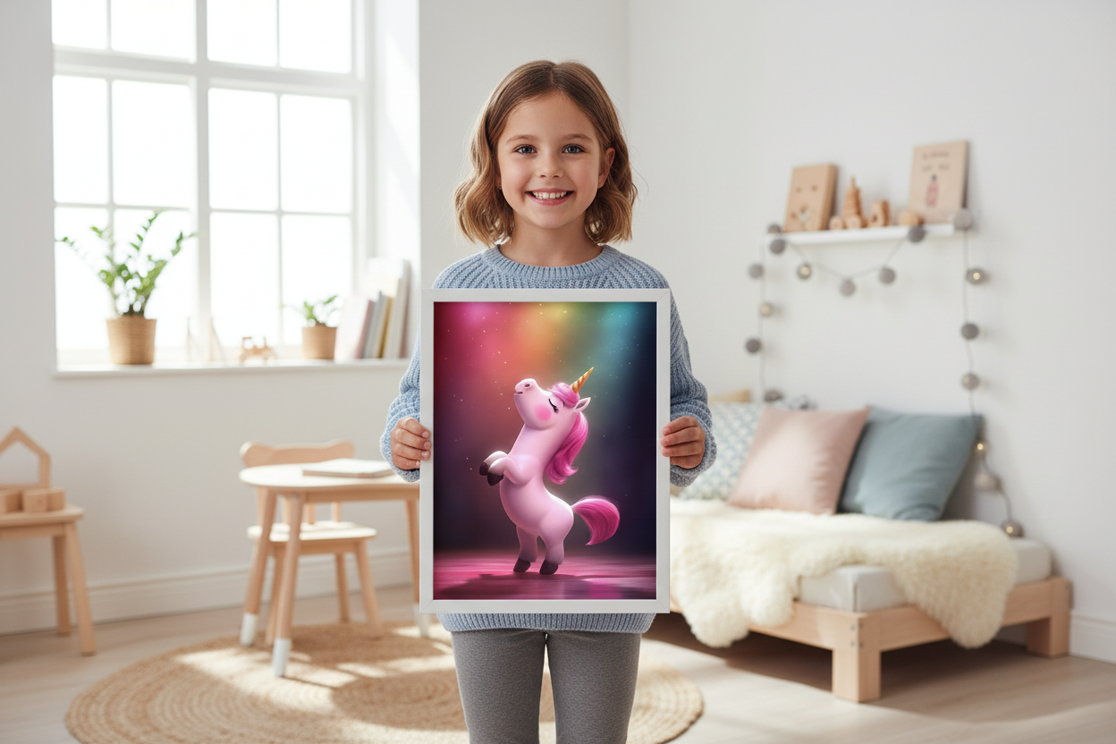 Pige holder enhjørning plakat