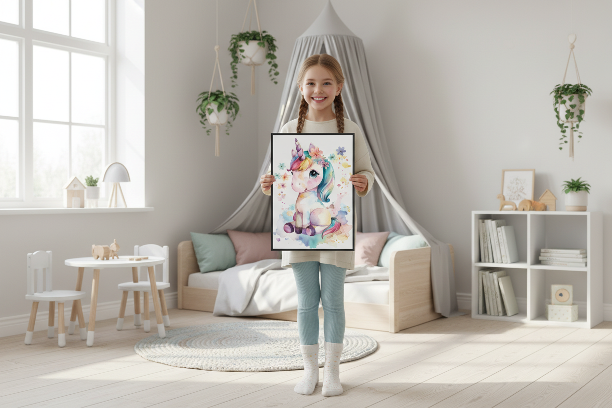 Pige holder enhjørning plakat