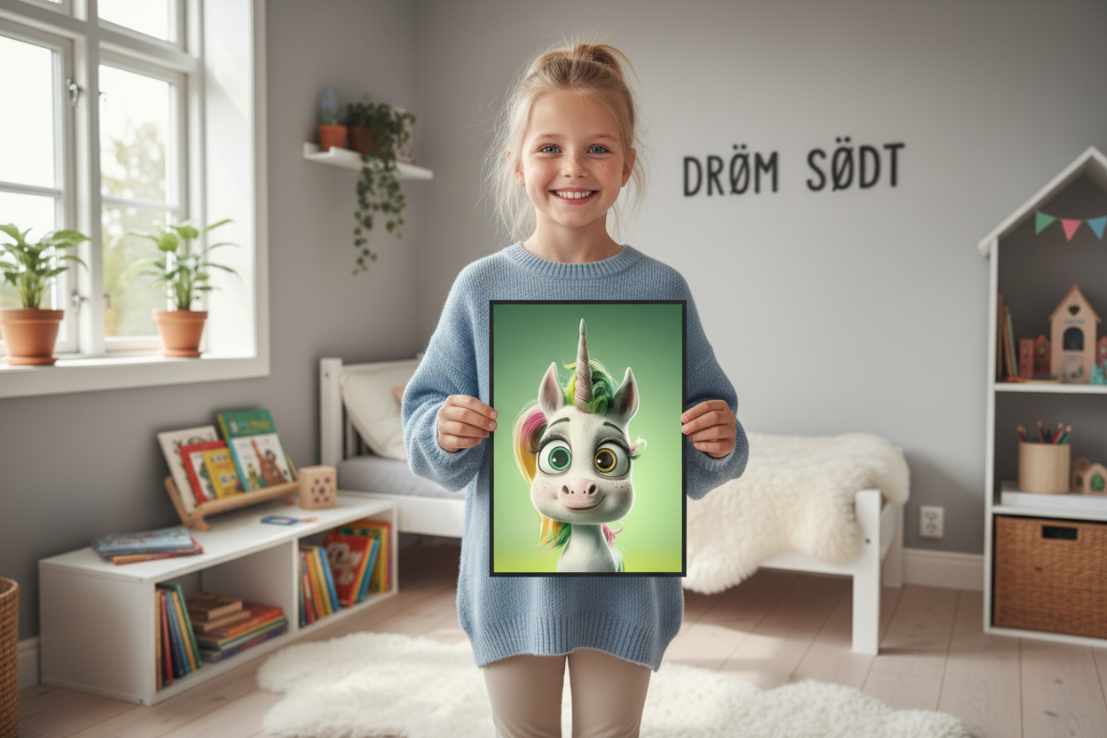Pige holder enhjørning plakat