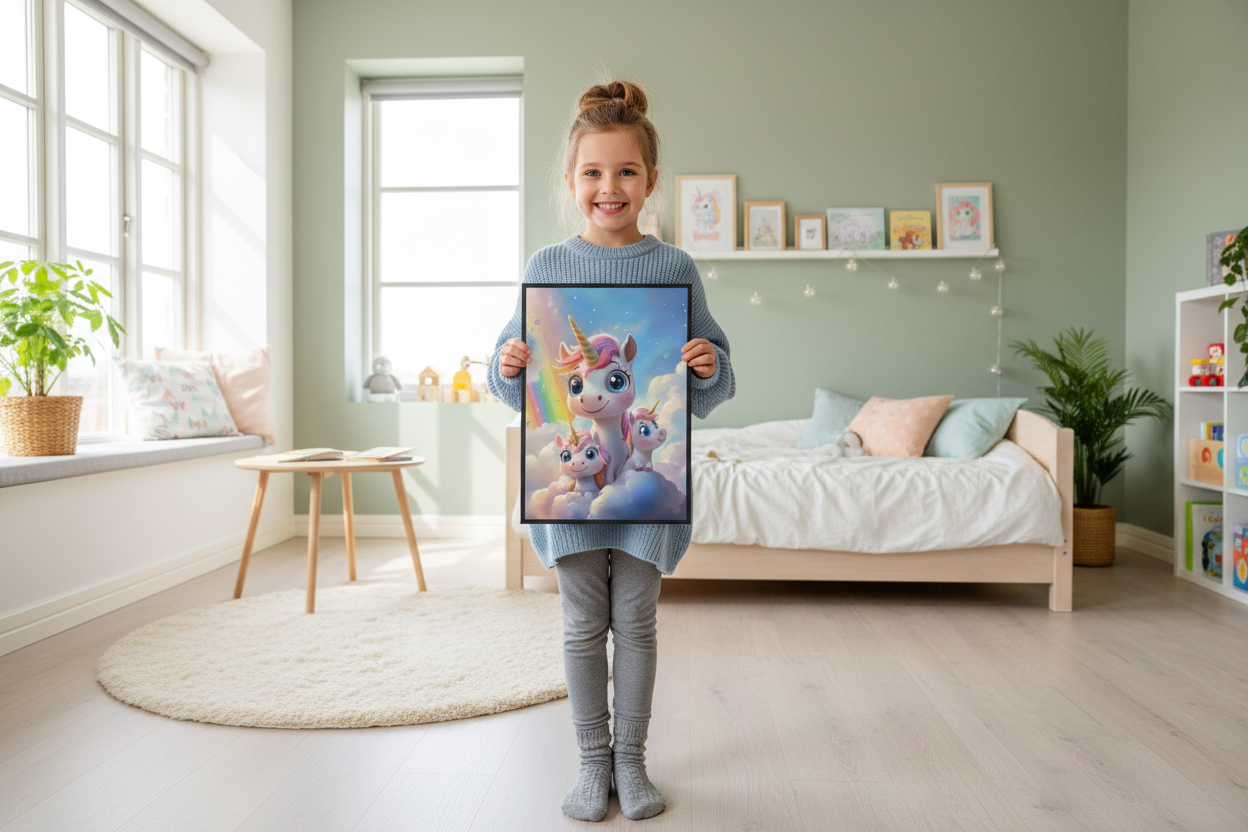 Pige holder enhjørning plakat