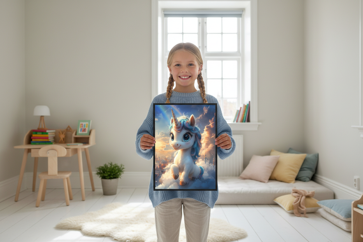 Pige holder enhjørning plakat