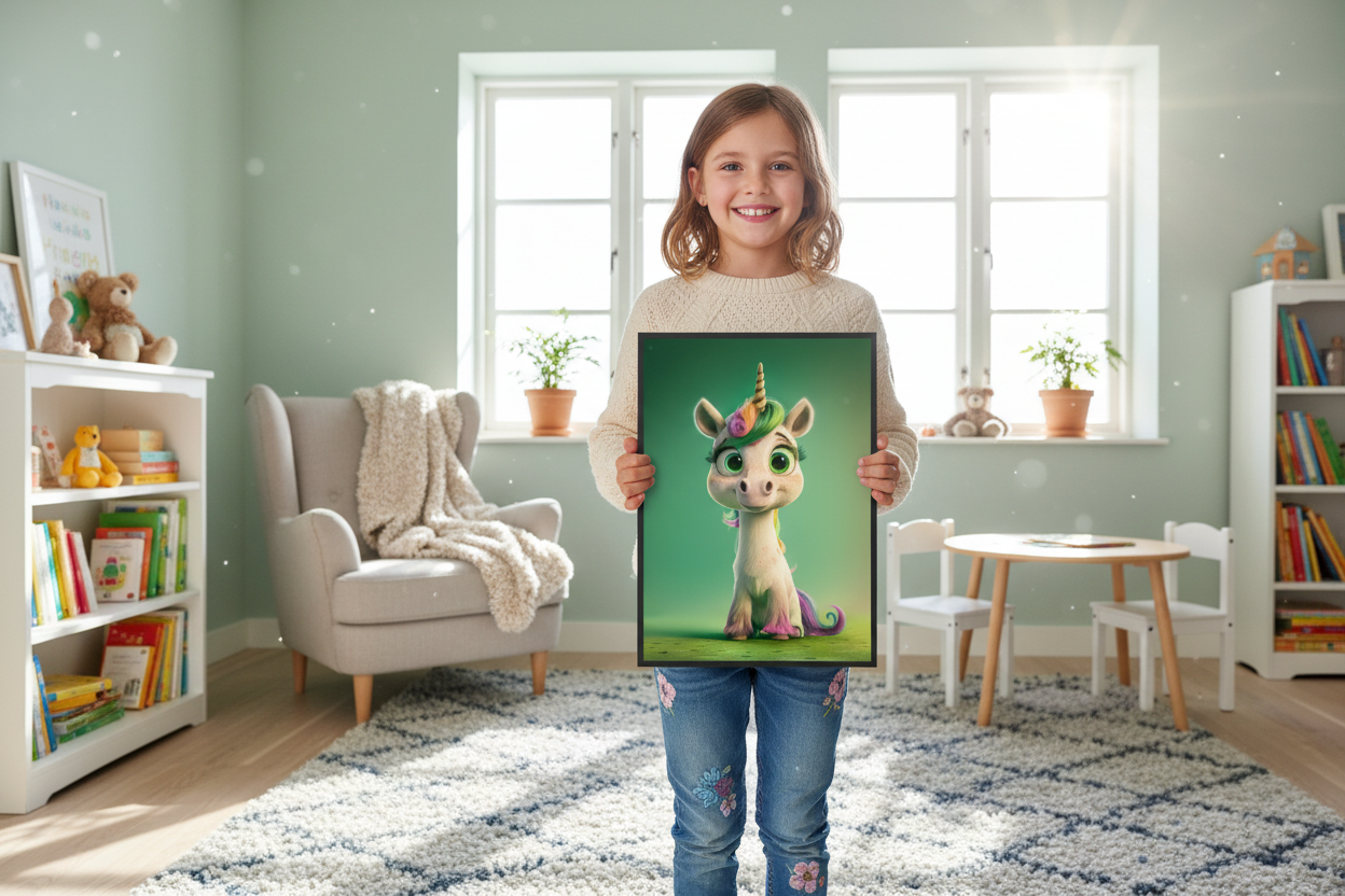 Pige holder enhjørning plakat