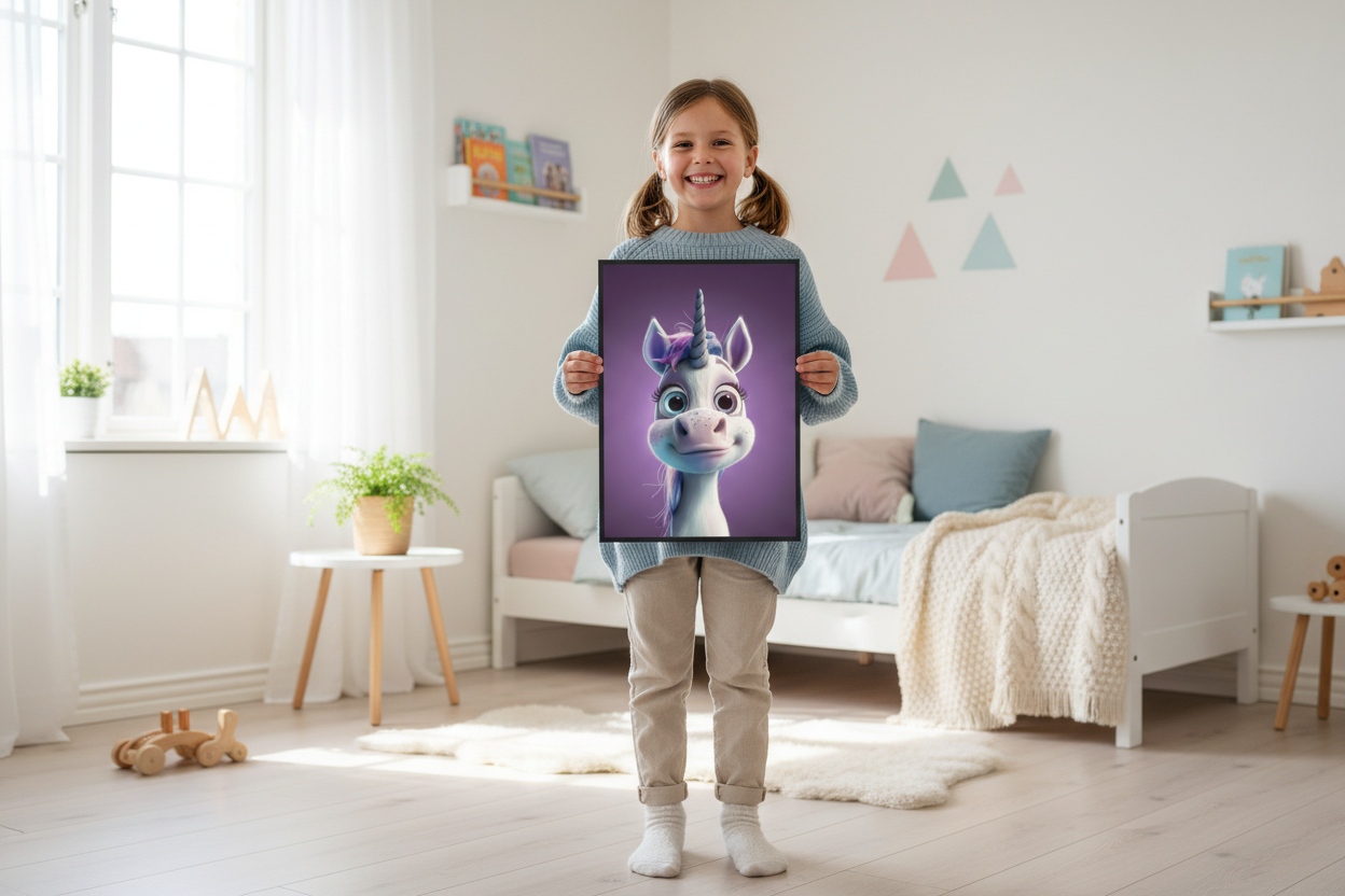 Pige holder enhjørning plakat