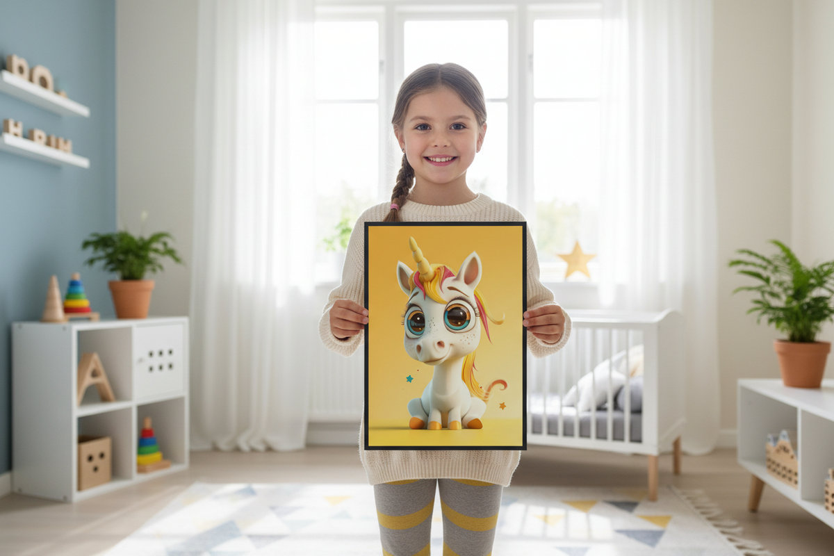 Pige holder enhjørning plakat
