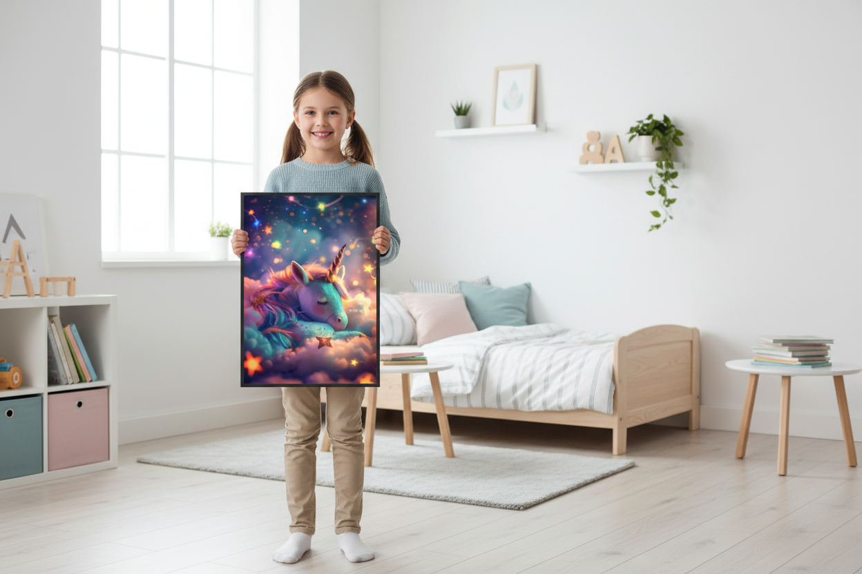 Pige holder enhjørning plakat