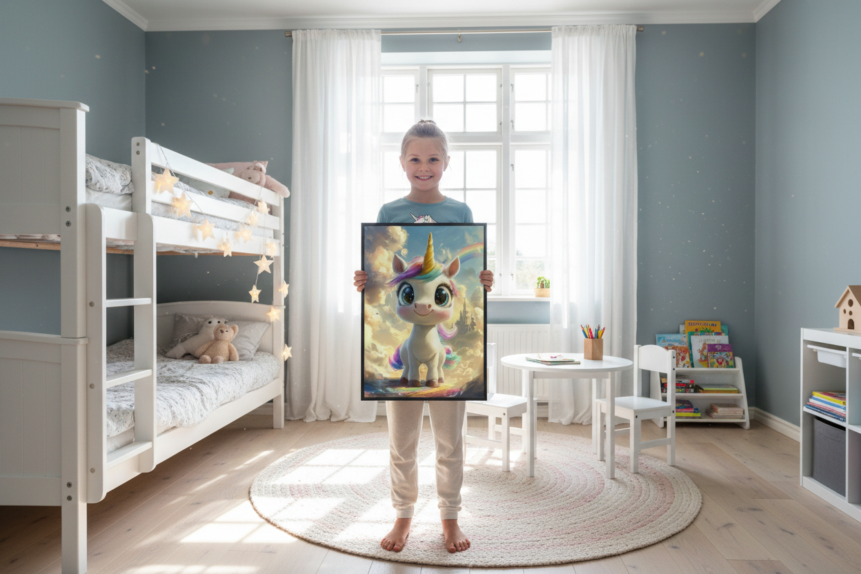 Pige holder enhjørning plakat