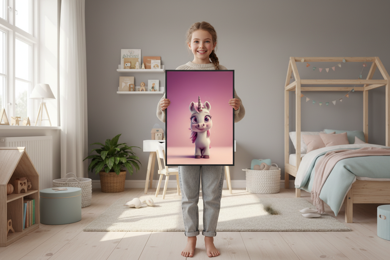 Pige holder enhjørning plakat