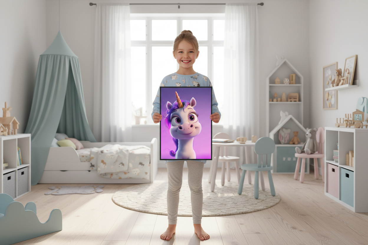 Pige holder enhjørning plakat