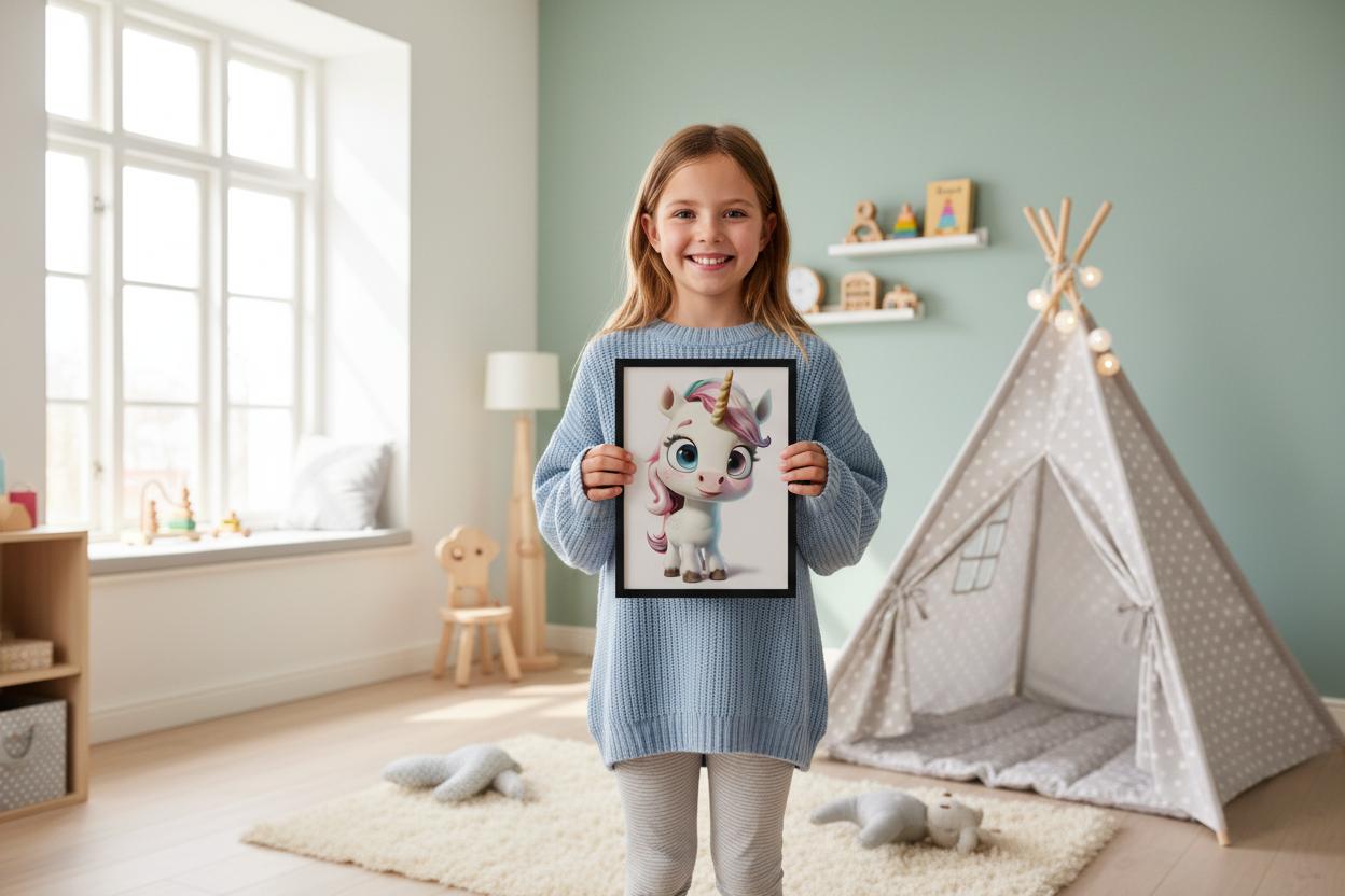 Pige holder enhjørning plakat