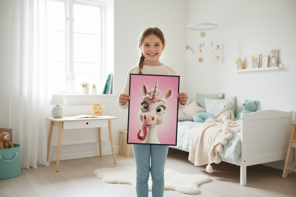 Pige holder enhjørning plakat