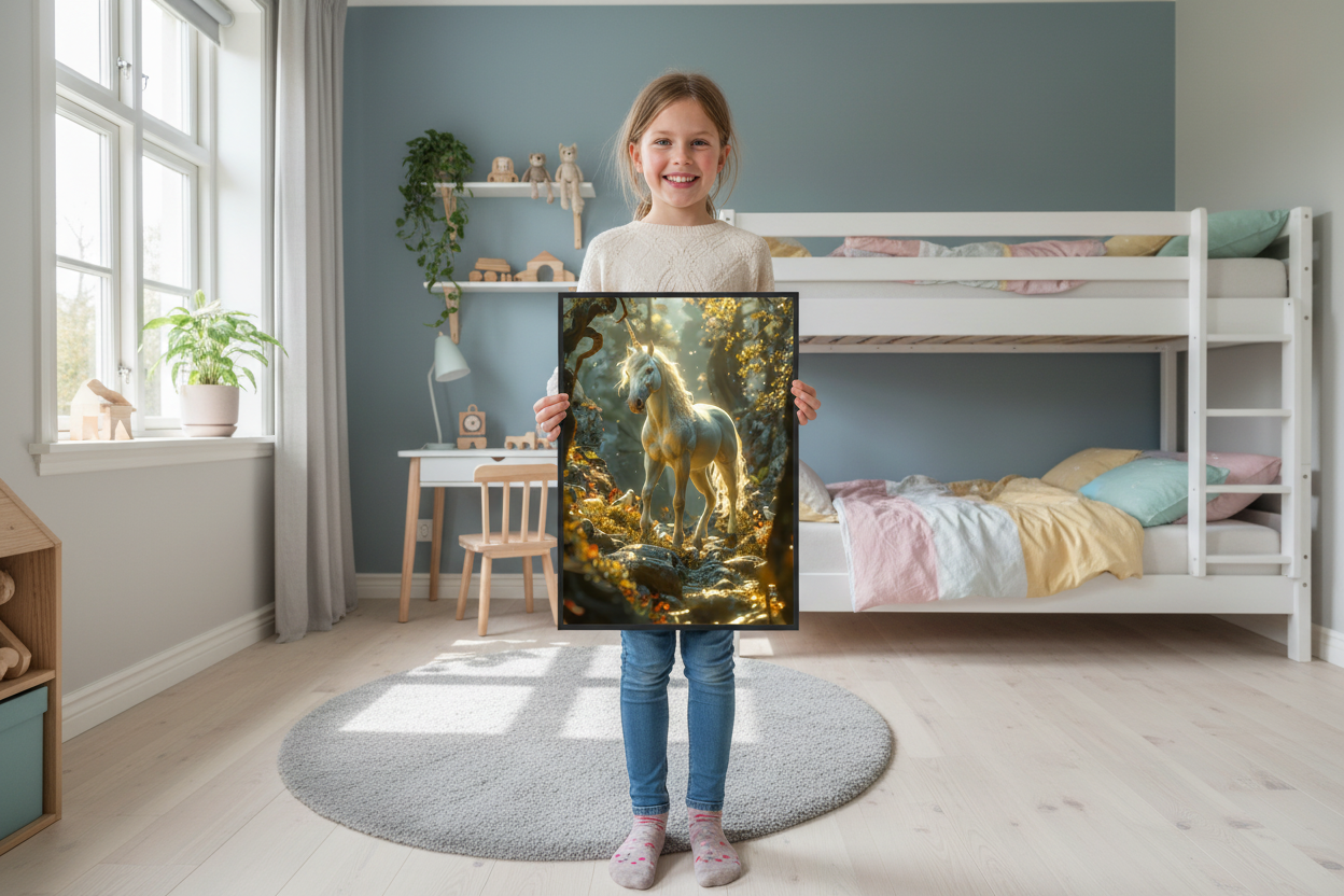 Pige holder enhjørning plakat