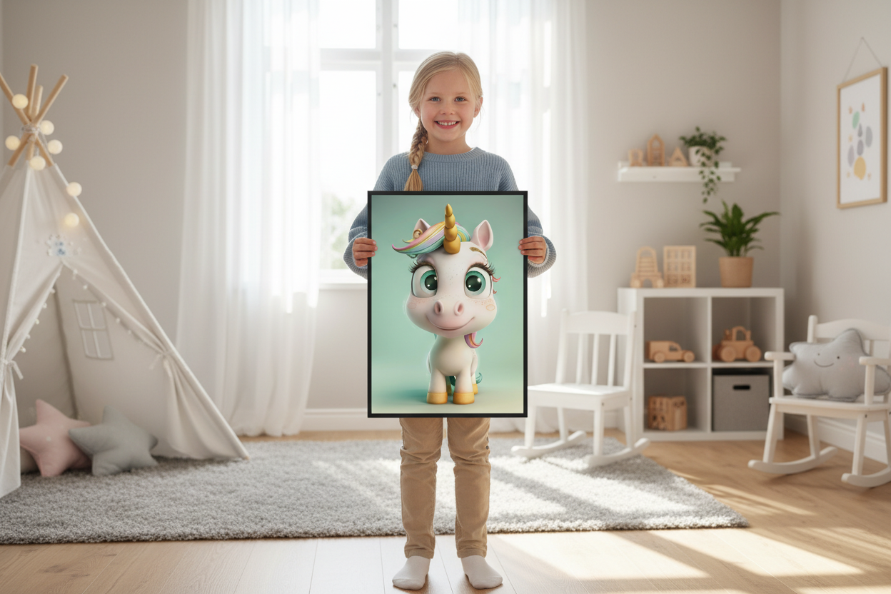 Pige holder enhjørning plakat
