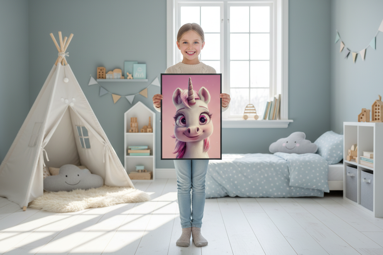 Pige holder enhjørning plakat