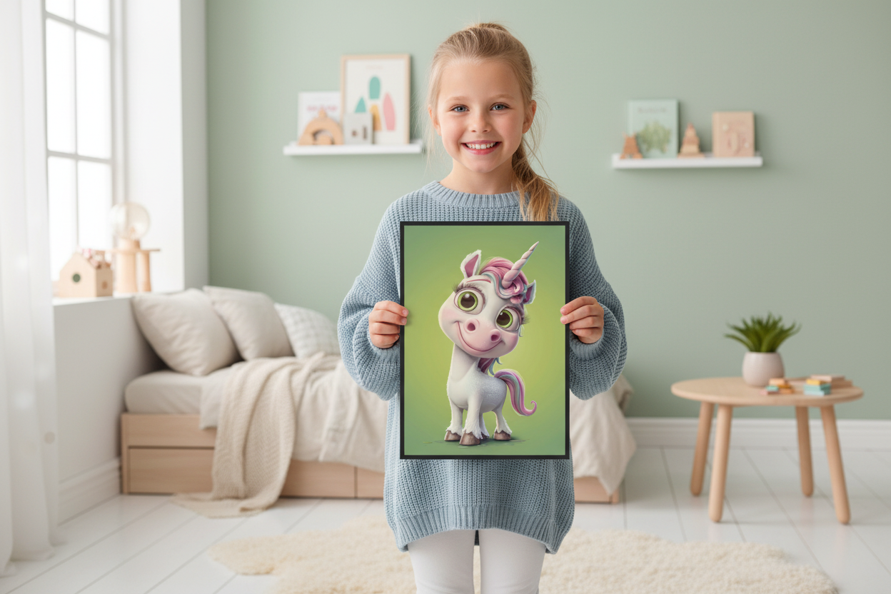 Pige holder enhjørning plakat