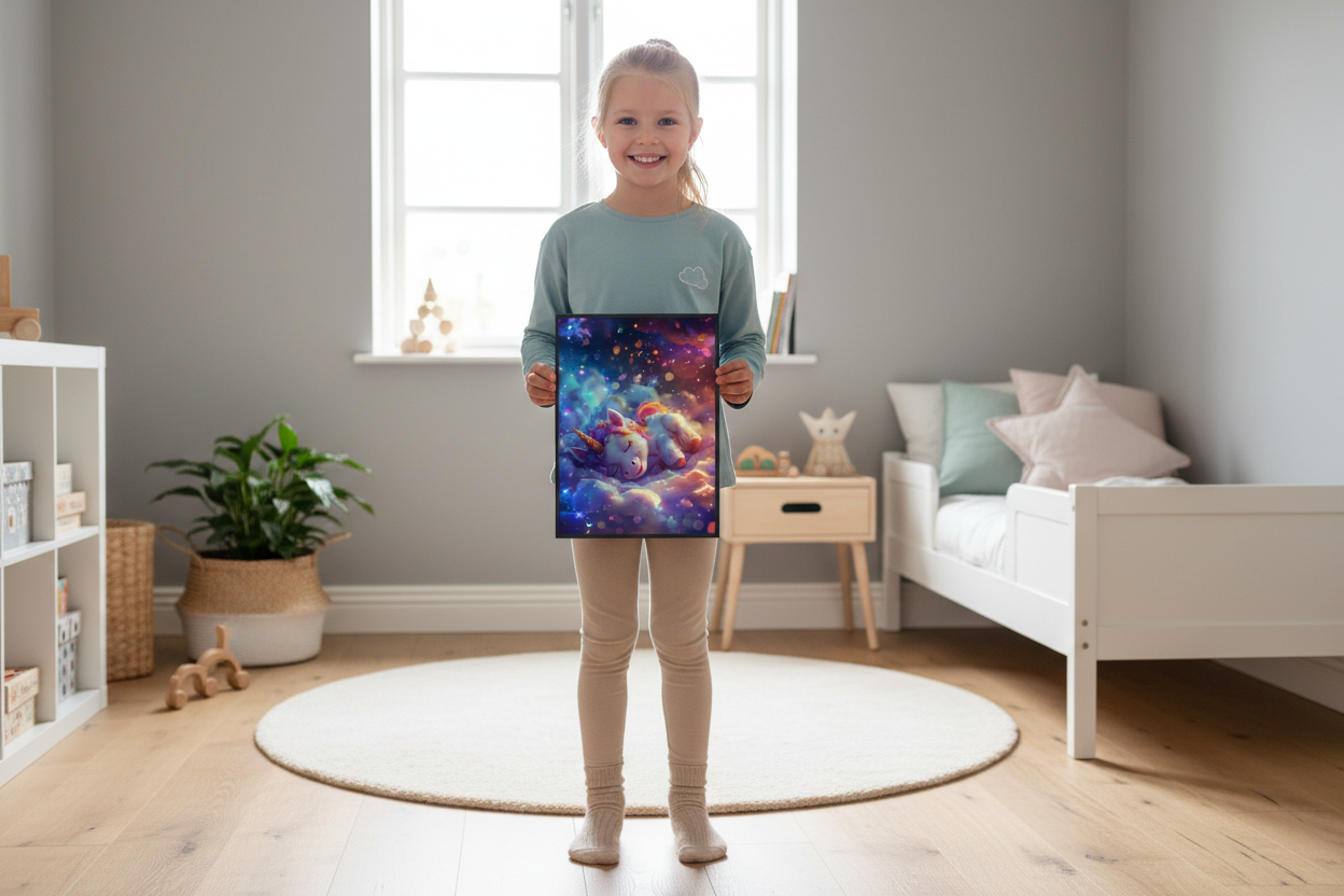 Pige holder enhjørning plakat