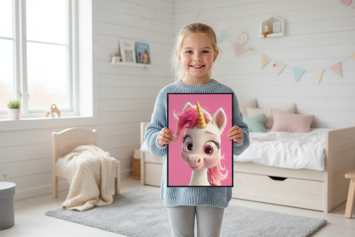 Pige holder enhjørning plakat