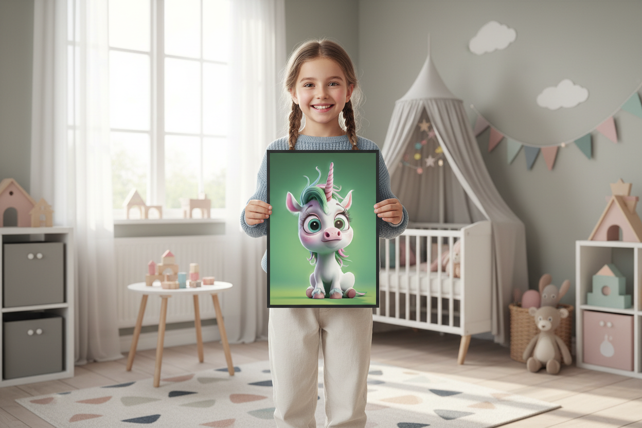 Pige holder enhjørning plakat