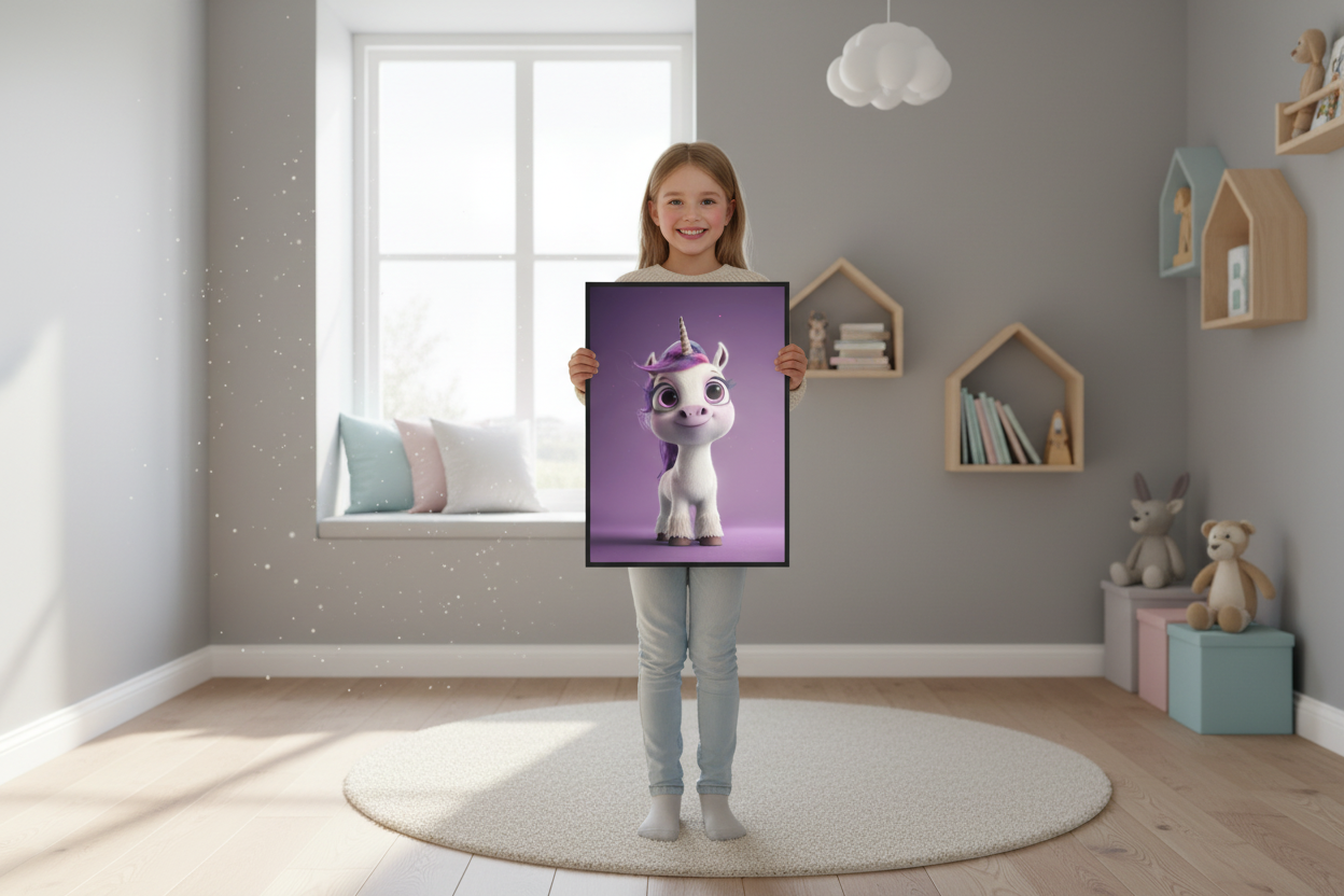 Pige holder enhjørning plakat