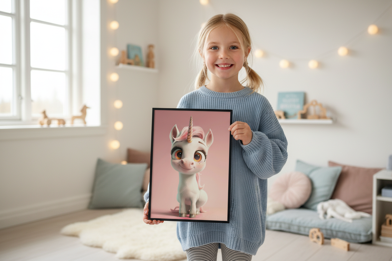 Pige holder enhjørning plakat