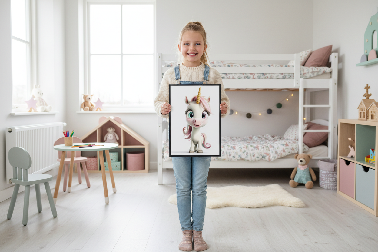 Pige holder enhjørning plakat