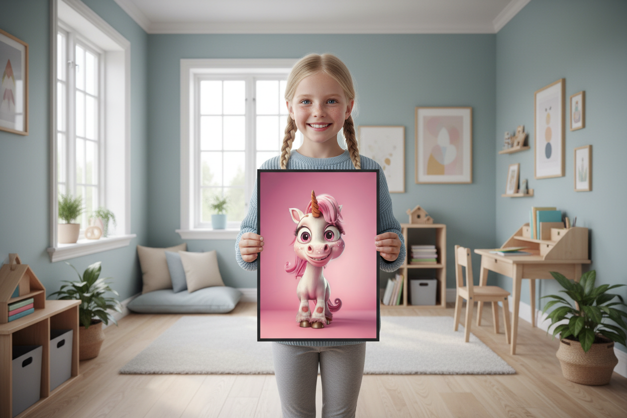 Pige holder enhjørning plakat