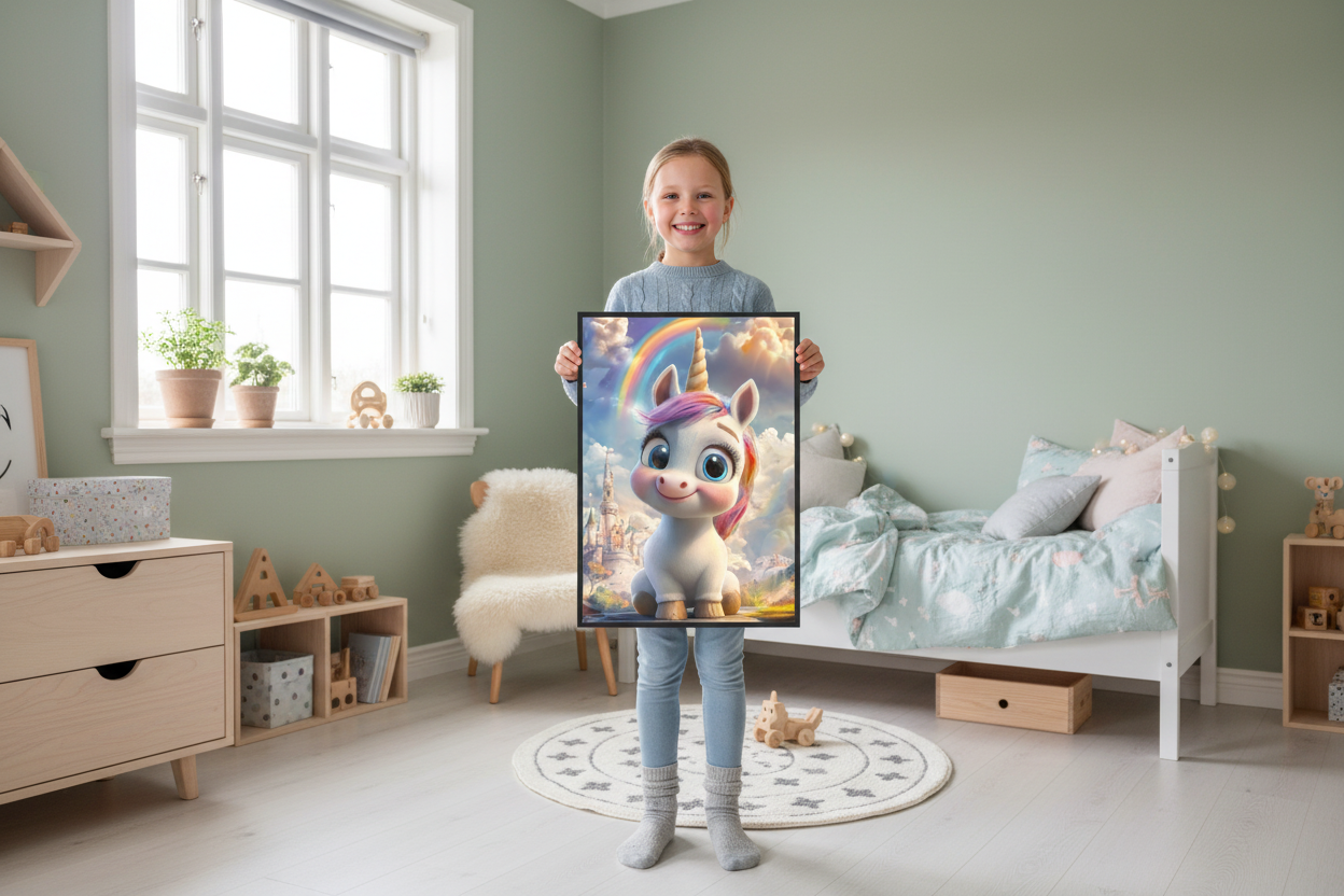 Pige holder enhjørning plakat