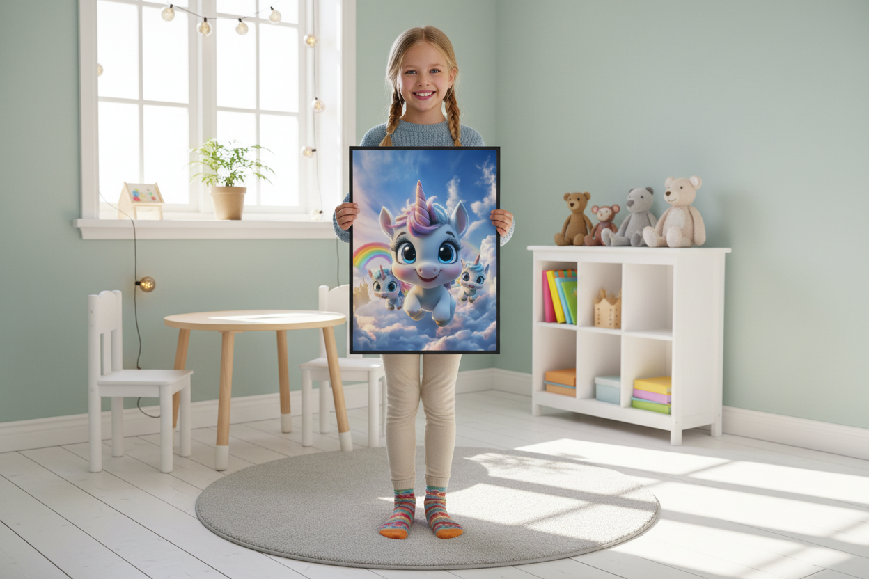 Pige holder enhjørning plakat