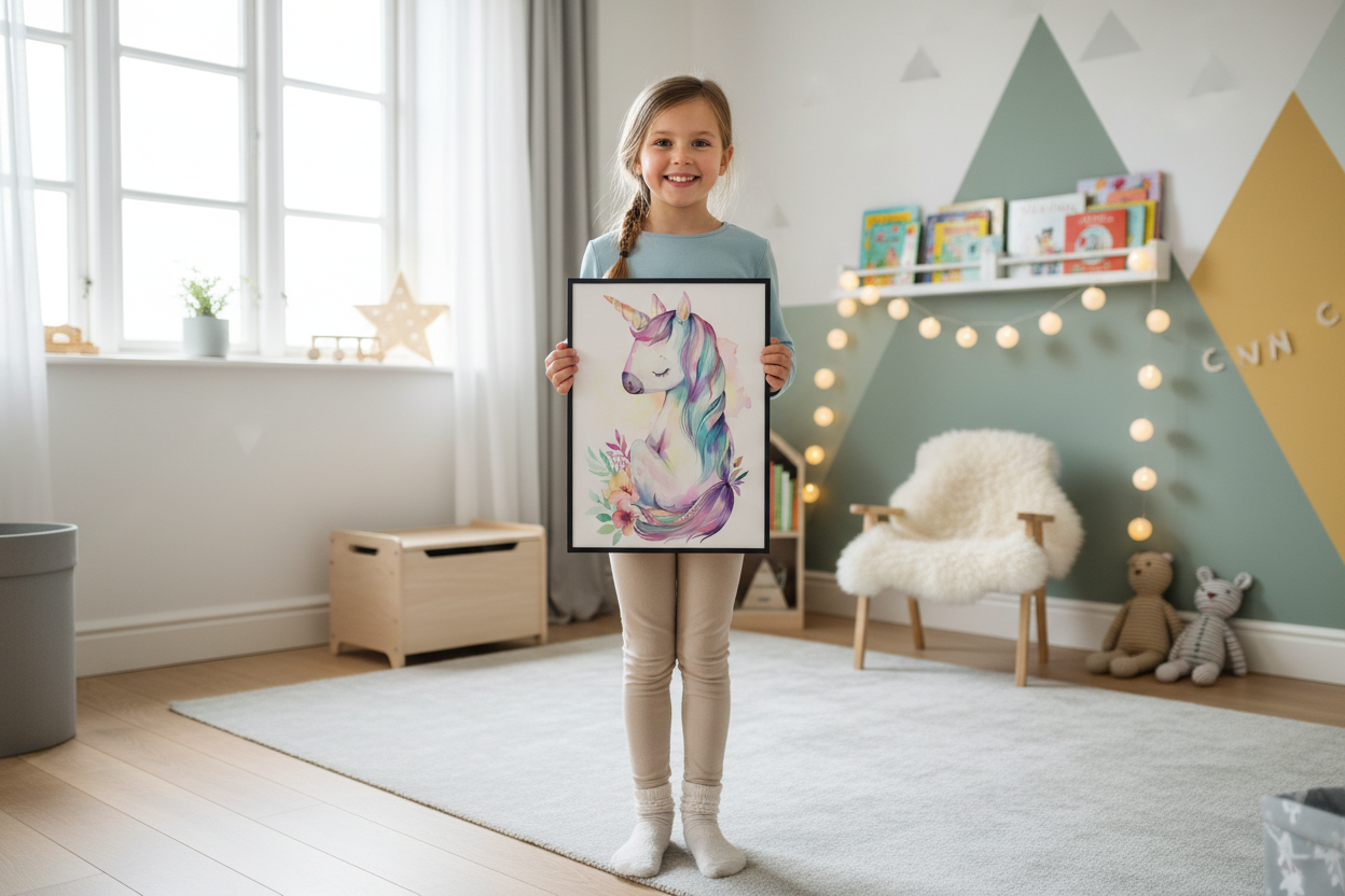 Pige holder enhjørning plakat