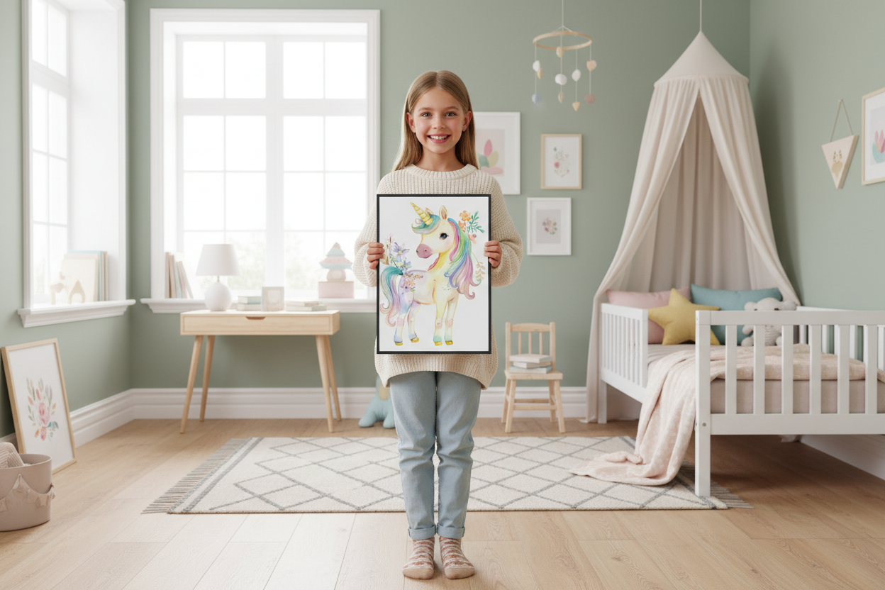 Pige holder enhjørning plakat