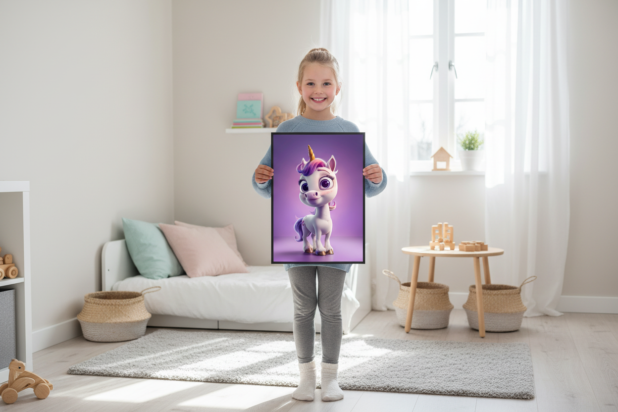 Pige holder enhjørning plakat