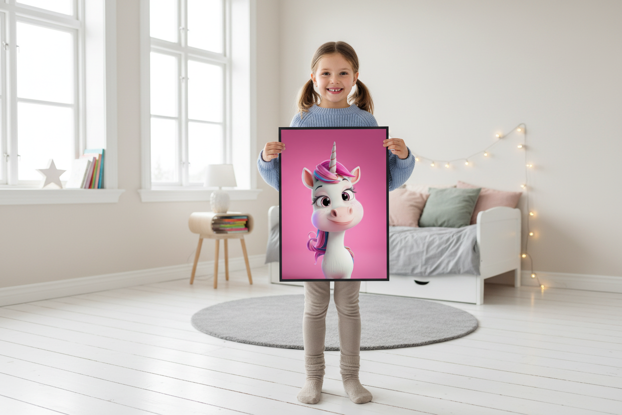 Pige holder enhjørning plakat